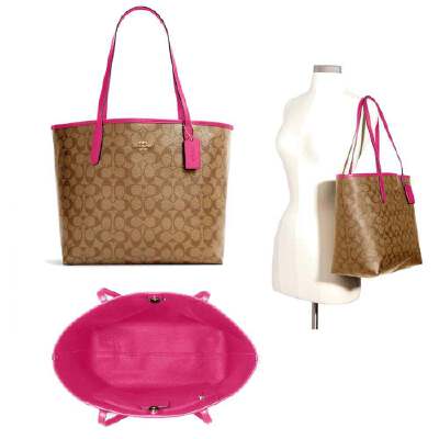 Coach 5696 City Tote In Signature Canvas Khaki/Fuchsia 