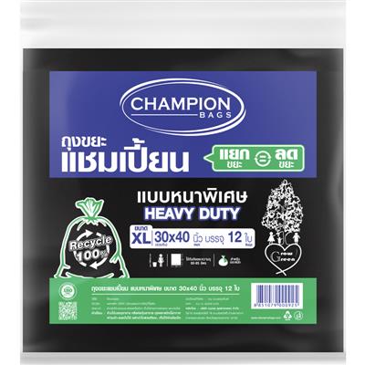 CHAMPION ถุงขยะแบบหนา สีดำ ขนาด 30x40 นิ้ว (แพ็ค 12 ใบ)