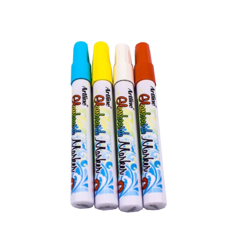 ARTLINE GLASSBOARD MARKER SET 4 Pcs. (Yellow,Sky Blue,White,Orange) Easily  erasable.